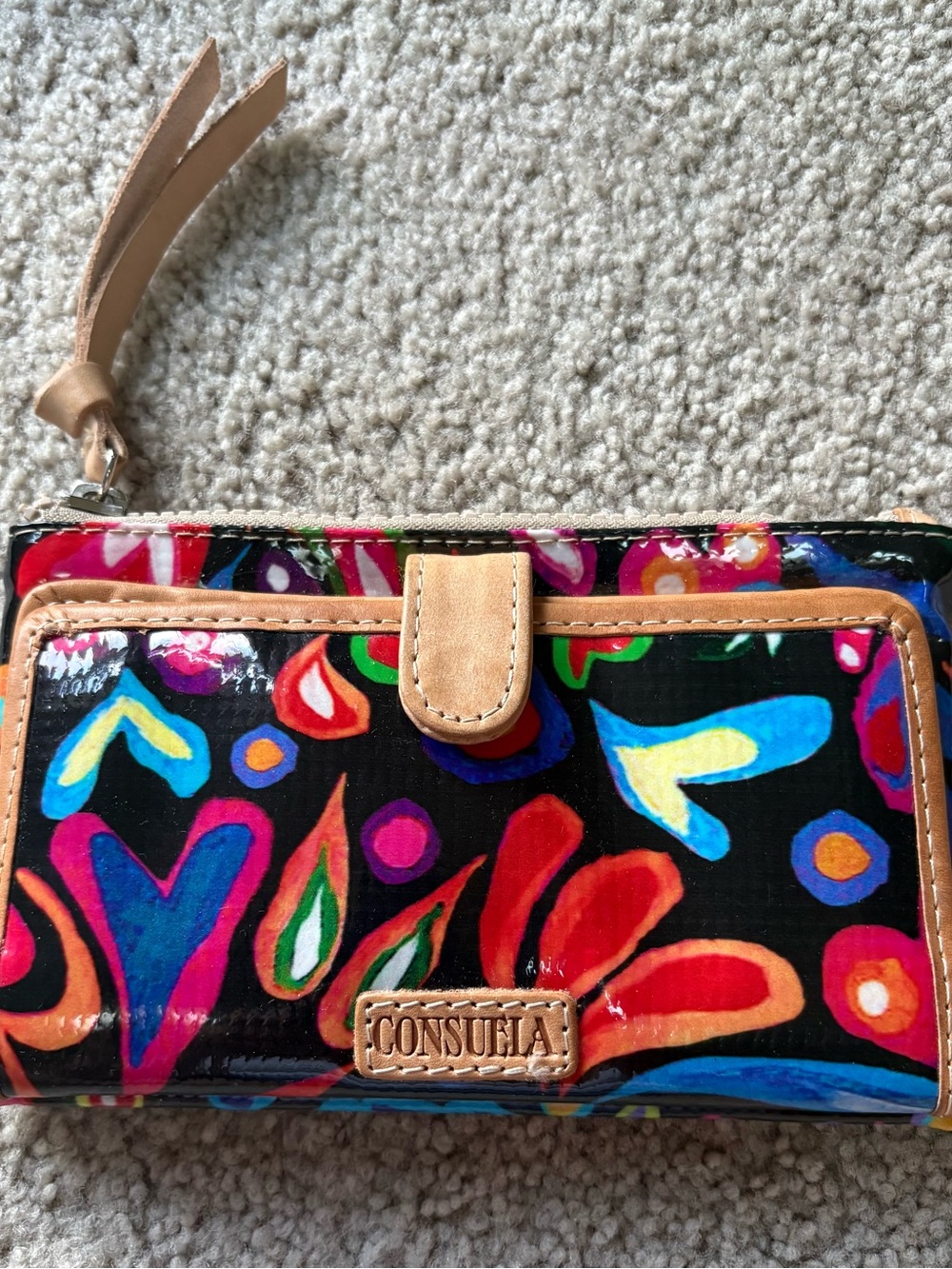 Consuela Black Multi Floral Zip Wallet with Tan Trim